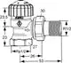 Thermostatventilunterteil in Eckform von IMI Hydronic Engineering, mit Anschlussgewinde und verschiedenen Maßelementen, dargestellt in technischen Zeichnungen.